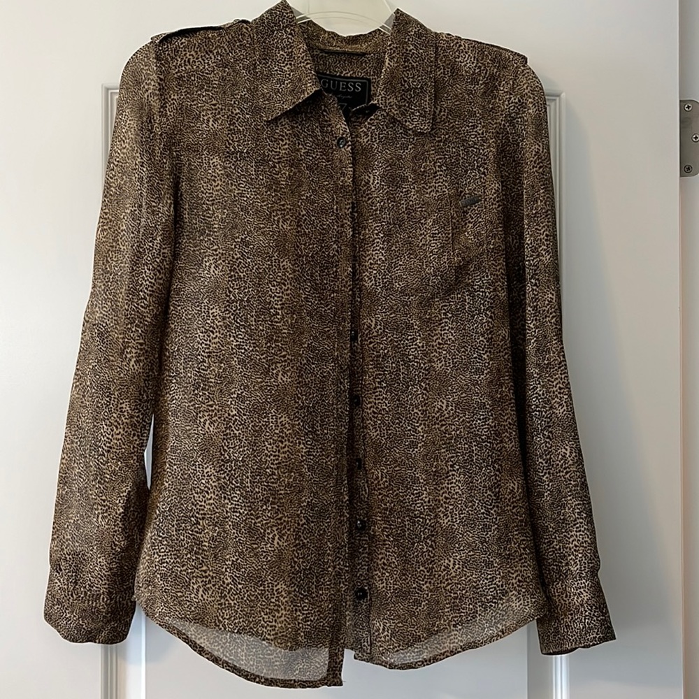 Sheer Leopard Print Long Sleeve Button Up Top - image 1